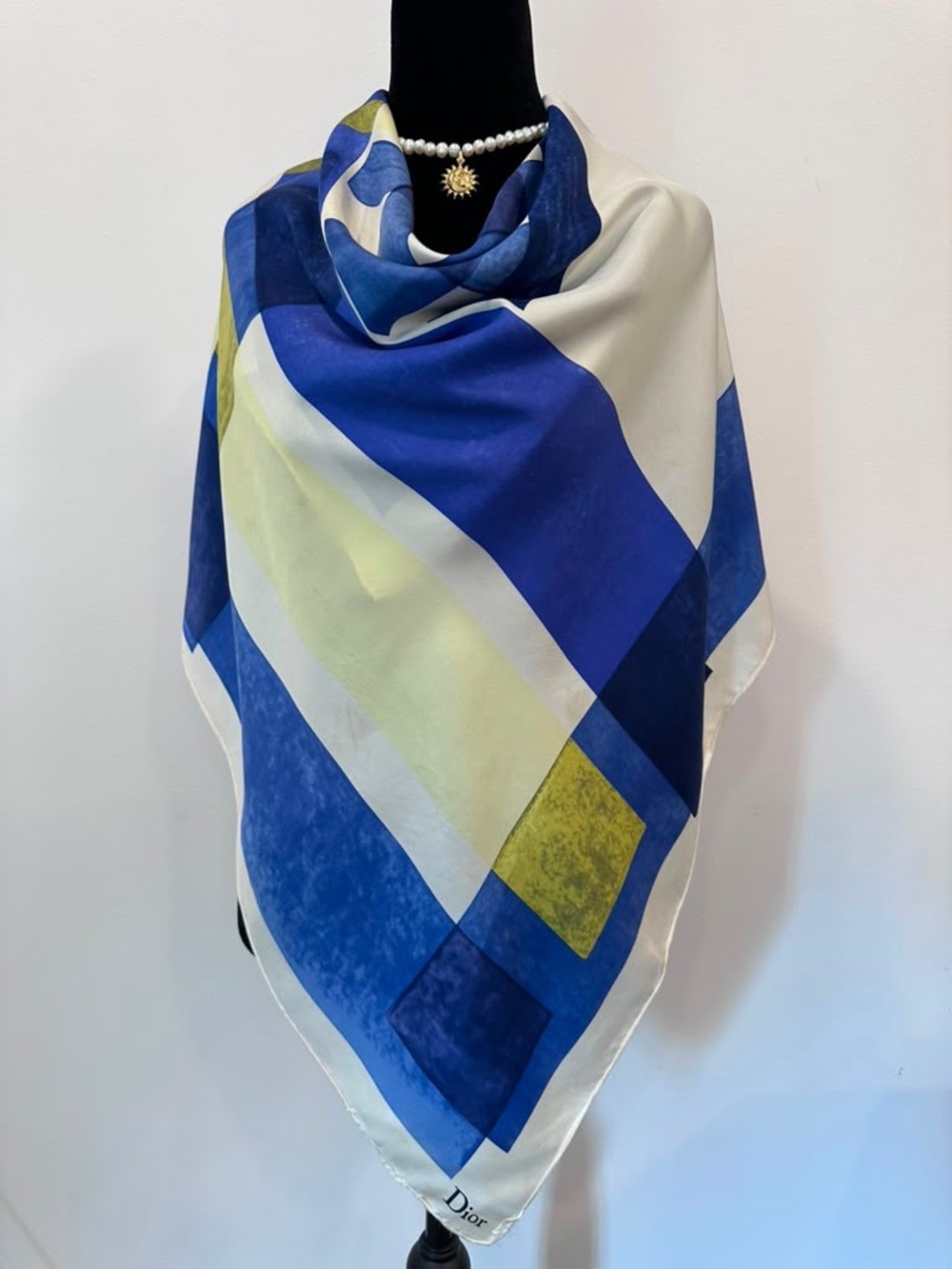 Christian Dior Silk Scarf Blue White Hand Rolled